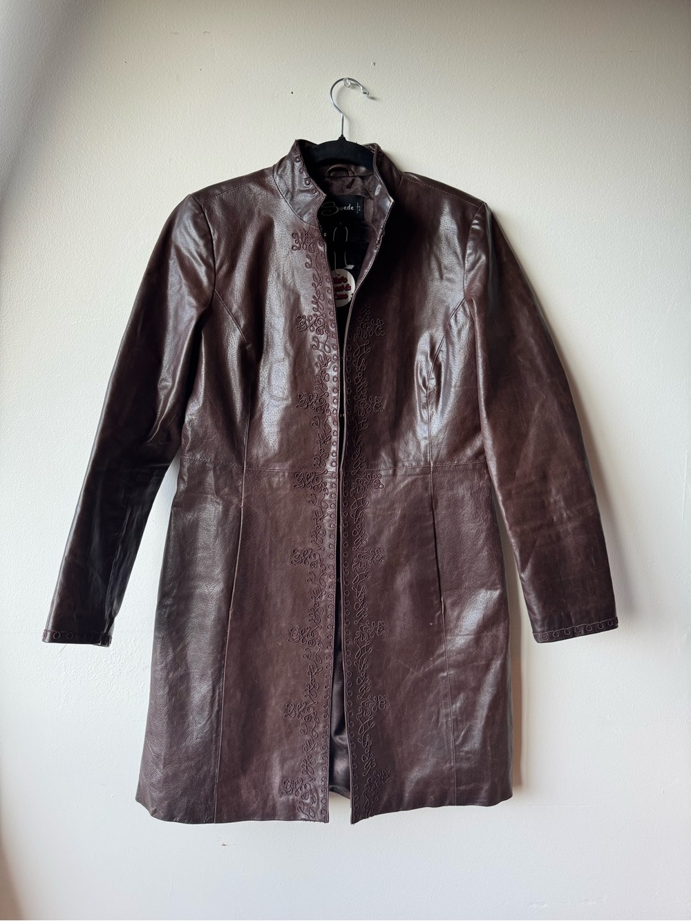Vintage Leather Embroidered Long Brown Coat - Picture 4 of 10